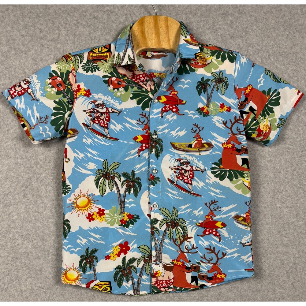 SSLR Hawaiian Shirt Boys L Blue Christmas Santa Surfing Reindeer Short Sleeve